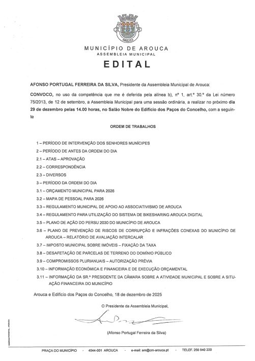 SESSÃO ORDINÁRIA DA ASSEMBLEIA MUNICIPAL DE AROUCA